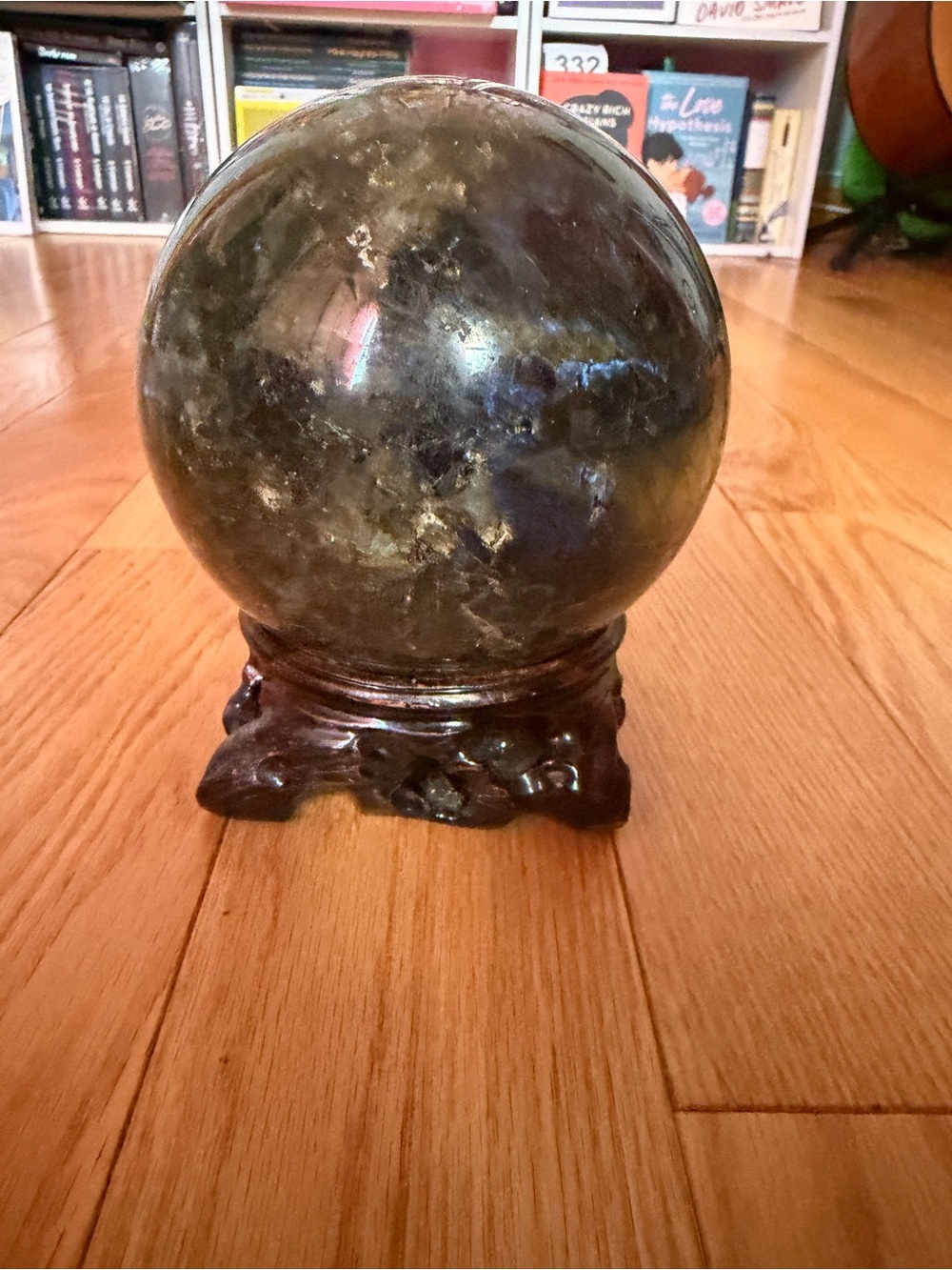 Polished Dark Green Decorative Crystal Sphere with Wooden Stand - Home Accents